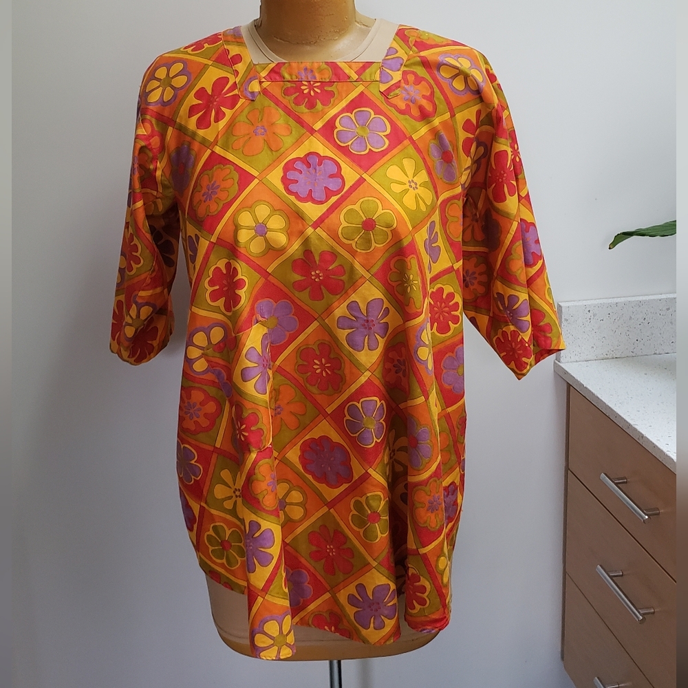 vtg 60s DESIGN HOUSE Psychedelic Mod Flower Power Floral Apron Artist Smock Top